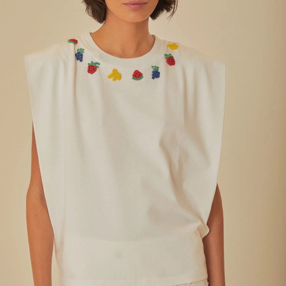 Embroidered Beaded Fruits White Sleeveless Top